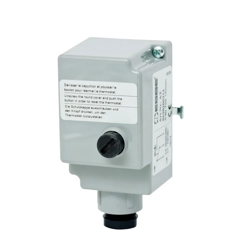 Thermostat von ESBE in grauem Gehäuse mit einer runden Abdeckung und einem Drehknopf zur Temperatureinstellung. An der Seite befindet sich eine Anschlussöffnung.